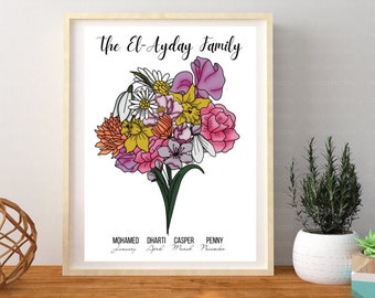 DIGITALE aangepaste familie geboorte bloemboeket, aangepaste geboortemaand bloem, geboorte bloemen / A2-A4 formaat, cadeau