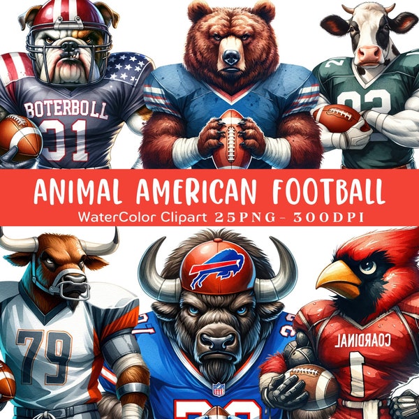 Animal American Football Watercolor Clipart, 25 High Quality PNG, Digital Designs Transparent, Paper Craft, Decor Wall Art, Card Making