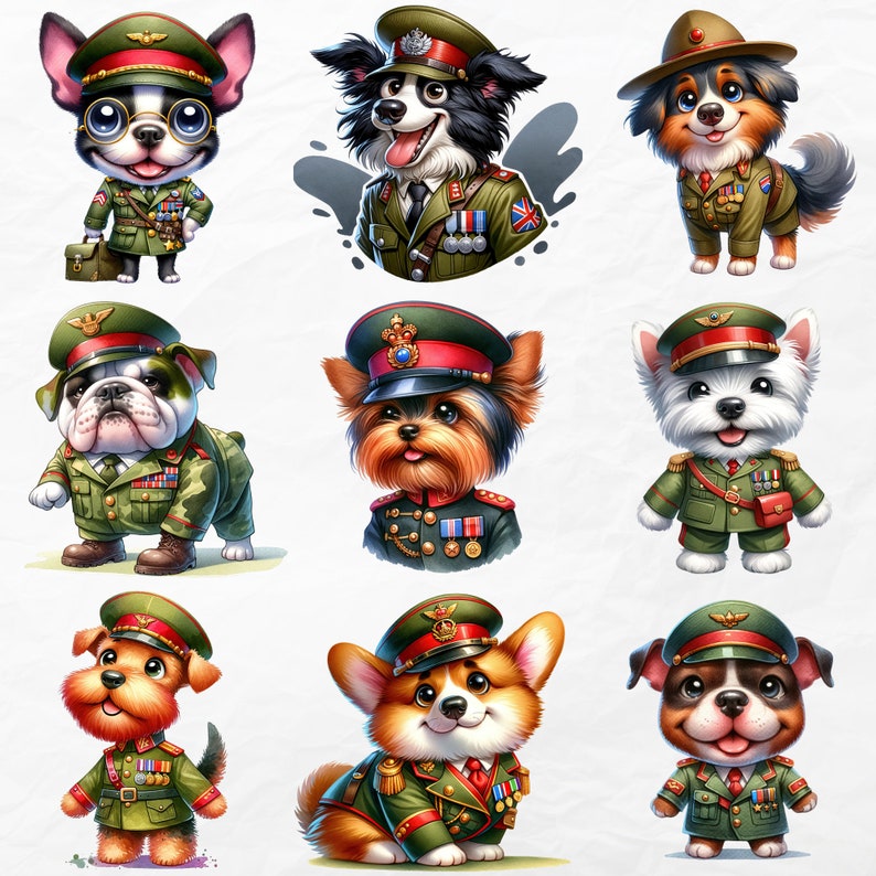Dog Military Watercolor Clipart, 20 High Quality PNG, Digital Crafts
