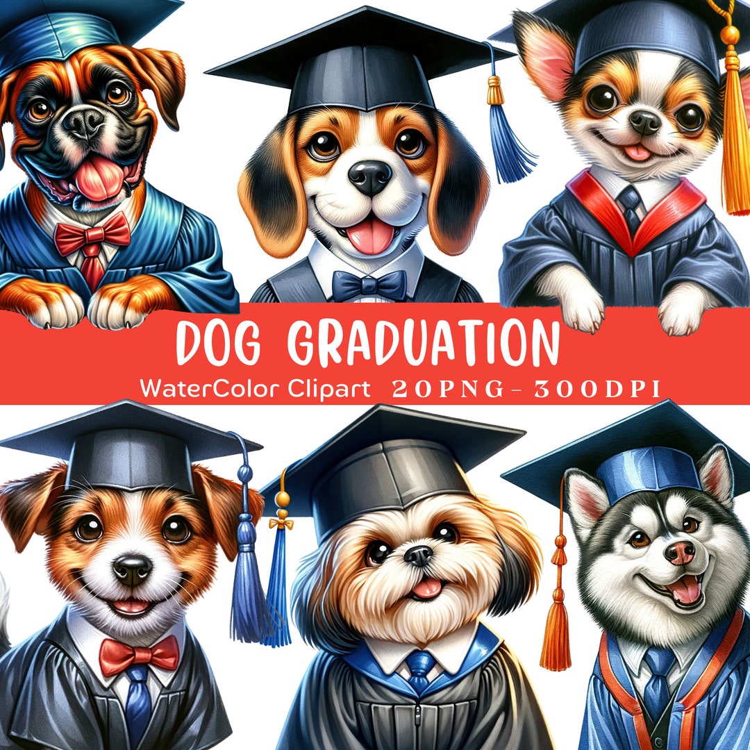 Dog Graduation Watercolor Clipart, 20 High Quality PNG, Digital Crafts