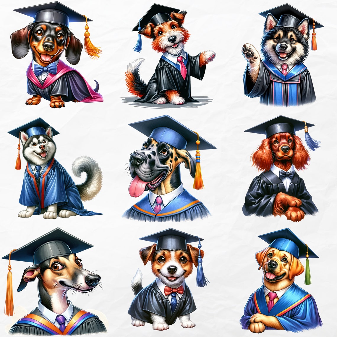 Dog Graduation Watercolor Clipart, 20 High Quality PNG, Digital Crafts