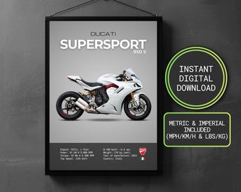 Póster con las especificaciones de la Ducati SuperSport 950S 2023 / Decoración para garaje (Descarga digital)