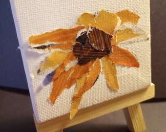 Recycled Magazine Sunflower Art on Mini Canvas with Easel