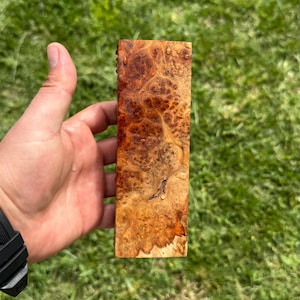 Könnte beinhalten: Ein rechteckiges Stück Maserholz mit einer warmen Farbpalette aus Braun- und Beigetönen. Die Holzmaserung weist komplizierte Muster und Texturen auf. Das Holz wird in einer Hand vor einem Hintergrund aus grünem Gras gehalten.
