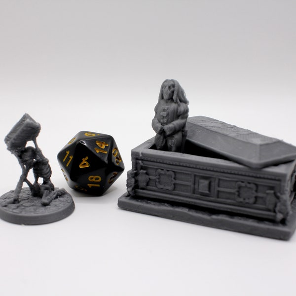 Vampire and sarcophagus/tomb PLUS BONUS Skeleton Bookstand terrain miniature for Dungeons and Dragons, Pathfinder, and other Fantasy RPGs