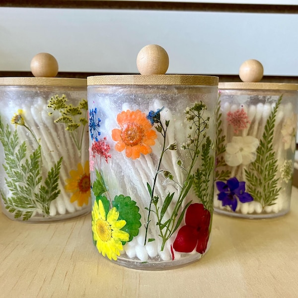Bathroom Decor, Cotton Ball Holder, Q-tip Holder, Floral Plastic Jar, Floral Decoupage Jar