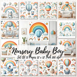 Set Of 13 Nursery Baby Boy Paper Pack,Printable Scrapbook Paper, Commercial Use,Printable Digital Papers, Digital Download, 12x12 in