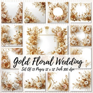 Set Of 13 Gold Floral Wedding,digital papers pack Wedding,illustrations,Newlyweds,Love,Wedding background,Digital Download,Instant Download