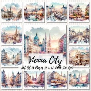 Conjunto de 13 acuarela Viena, documentos digitales Monumentos vieneses, vacaciones de viaje, papeles digitales imprimibles, 12x12 in