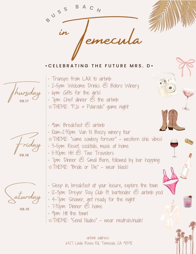 Bachelorette Weekend Itinerary, Planner Editable Template - Etsy