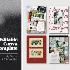 May include: A set of editable Canva templates with a romantic theme. The designs include photos, handwritten text, and decorative elements. The templates are available in A4 size and US Letter size.