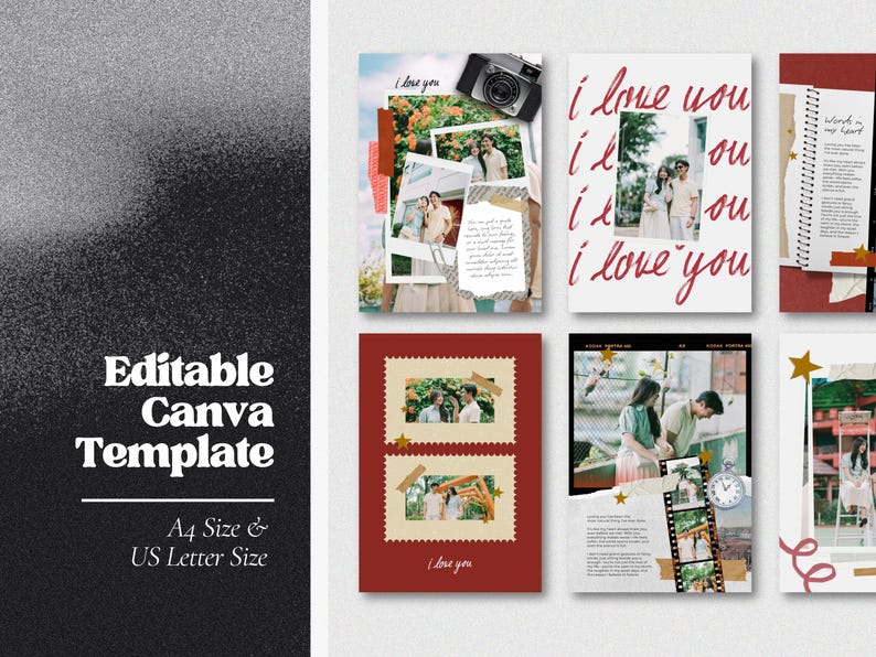 May include: A set of editable Canva templates with a romantic theme. The designs include photos, handwritten text, and decorative elements. The templates are available in A4 size and US Letter size.