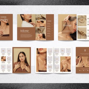 May include: A catalog featuring a variety of jewelry, including necklaces, earrings, and bracelets. The catalog has a minimalist design with a brown background and white text. The text "Jewelry" is featured on the cover.
