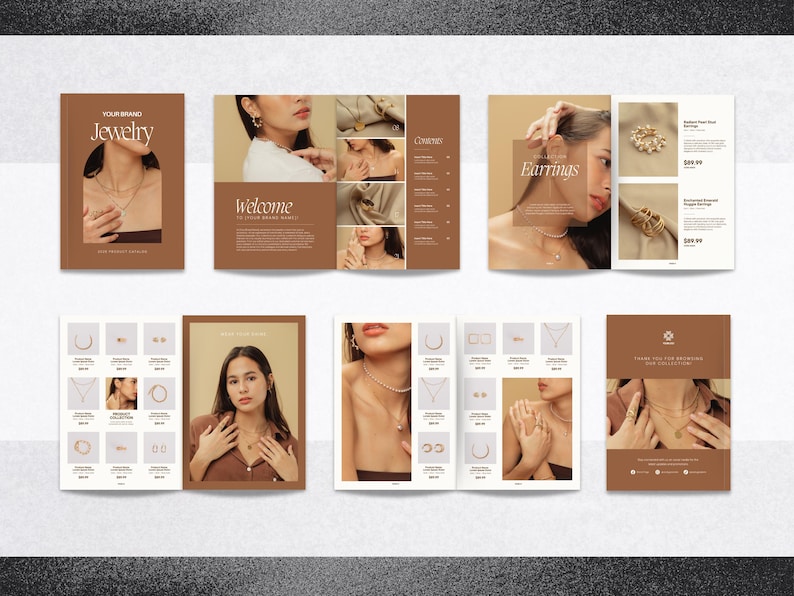 May include: A catalog featuring a variety of jewelry, including necklaces, earrings, and bracelets. The catalog has a minimalist design with a brown background and white text. The text "Jewelry" is featured on the cover.