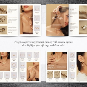 May include: A product catalog featuring a variety of gold jewelry, including earrings, necklaces, and rings. The catalog features a modern and elegant design with images of the jewelry on models.