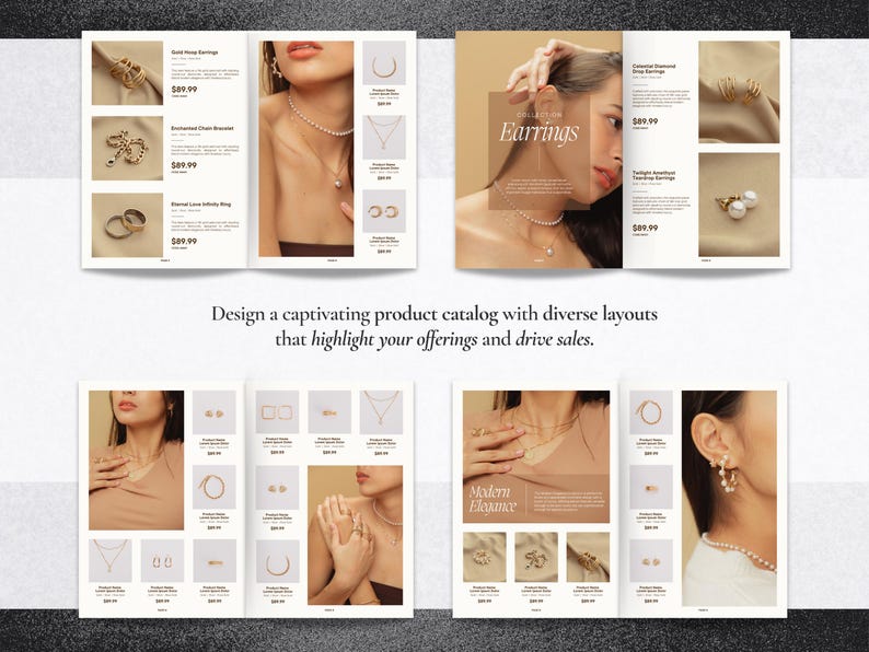 May include: A product catalog featuring a variety of gold jewelry, including earrings, necklaces, and rings. The catalog features a modern and elegant design with images of the jewelry on models.
