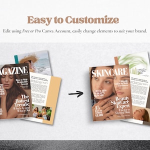 Pode incluir: Duas capas de revistas, uma intitulada "MAGAZINE" e a outra intitulada "SKINCARE". Ambas as capas apresentam mulheres com maquiagem e penteados. A capa "MAGAZINE" tem o texto "The Hottest Trends: What's In and What's Out" e "30 Days to Summer Body". A capa "SKINCARE" tem o texto "Ultimate Guide to Skin Freshness" e "15 Ways to Achieve Glow".