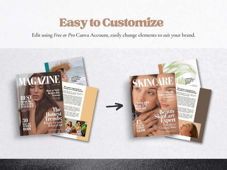 Pode incluir: Duas capas de revistas, uma intitulada "MAGAZINE" e a outra intitulada "SKINCARE". Ambas as capas apresentam mulheres com maquiagem e penteados. A capa "MAGAZINE" tem o texto "The Hottest Trends: What's In and What's Out" e "30 Days to Summer Body". A capa "SKINCARE" tem o texto "Ultimate Guide to Skin Freshness" e "15 Ways to Achieve Glow".