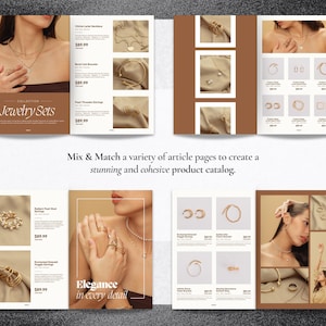 May include: A catalog featuring a variety of gold jewelry sets. The catalog includes necklaces, earrings, bracelets, and rings. The jewelry is displayed on a brown background with a model wearing some of the pieces.