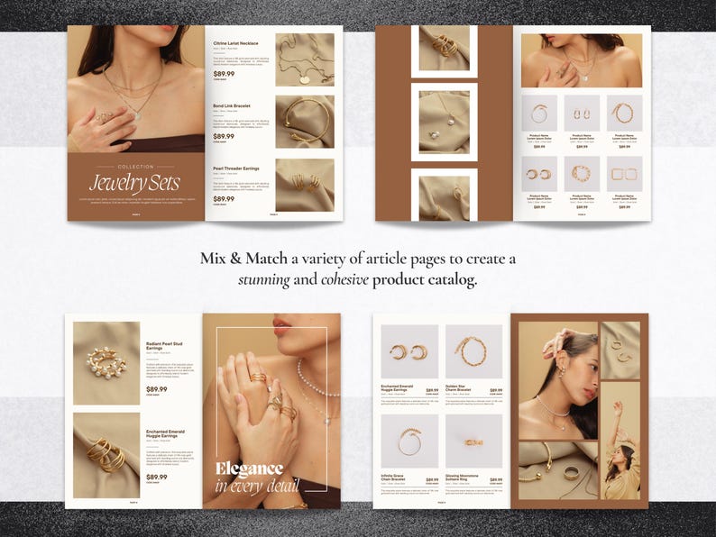 May include: A catalog featuring a variety of gold jewelry sets. The catalog includes necklaces, earrings, bracelets, and rings. The jewelry is displayed on a brown background with a model wearing some of the pieces.