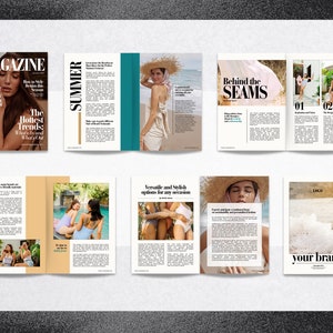 Pode incluir: Uma capa de revista com o t&iacute;tulo "MAGAZINE" e o texto "The Hottest Trends" em uma caixa branca. A capa apresenta uma mulher com cabelo comprido e escuro usando uma blusa branca e um chap&eacute;u branco. A revista est&aacute; aberta em uma p&aacute;gina com o t&iacute;tulo "SUMMER" e uma foto de uma mulher com um vestido branco e um chap&eacute;u de palha em uma praia. A pr&oacute;xima p&aacute;gina tem o t&iacute;tulo "Behind the SEAMS" e uma foto de uma mulher com um vestido branco. A &uacute;ltima p&aacute;gina tem o texto "your brand" e uma foto de uma praia.