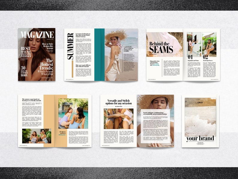 Pode incluir: Uma capa de revista com o t&iacute;tulo "MAGAZINE" e o texto "The Hottest Trends" em uma caixa branca. A capa apresenta uma mulher com cabelo comprido e escuro usando uma blusa branca e um chap&eacute;u branco. A revista est&aacute; aberta em uma p&aacute;gina com o t&iacute;tulo "SUMMER" e uma foto de uma mulher com um vestido branco e um chap&eacute;u de palha em uma praia. A pr&oacute;xima p&aacute;gina tem o t&iacute;tulo "Behind the SEAMS" e uma foto de uma mulher com um vestido branco. A &uacute;ltima p&aacute;gina tem o texto "your brand" e uma foto de uma praia.