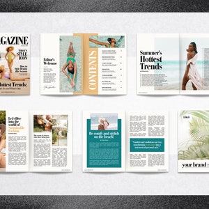 Pode incluir: Uma publica&ccedil;&atilde;o de revista com um tema de moda de ver&atilde;o. A capa apresenta o texto "MAGAZINE" e "As tend&ecirc;ncias mais quentes". As p&aacute;ginas interiores apresentam artigos sobre moda sustent&aacute;vel, roupas de praia e tend&ecirc;ncias de ver&atilde;o.