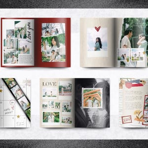May include: Several open photo albums displaying photographs of couples. The albums have diverse layouts, with some pages featuring handwritten text and decorative elements such as hearts and stickers. The theme is romance and preserving memories.