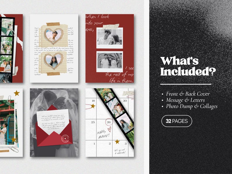 May include: A selection of personalised photo album pages with diverse designs. The pages display photos, handwritten text, and decorative elements. The text "What's Included?" is visible, along with "32 PAGES".