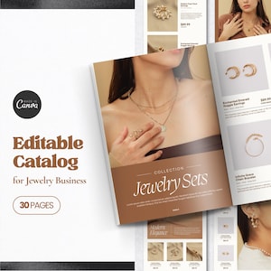 Puede incluir: Catálogo de joyas editable de 30 páginas que presenta una colección de juegos de joyas. El catálogo incluye imágenes de collares, aretes, pulseras y anillos. El catálogo está hecho con Canva.