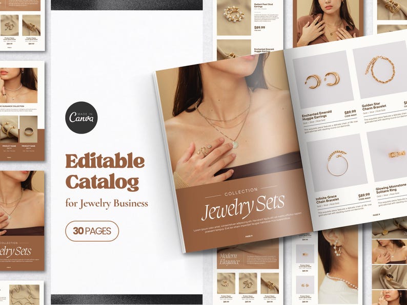 May include: Editable jewelry catalog with 30 pages featuring a collection of jewelry sets. The catalog includes images of necklaces, earrings, bracelets, and rings. The catalog is made with Canva.