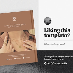 May include: A brown brochure with a woman wearing gold necklaces and a ring. The brochure says "Thank you for browsing our collection!" and includes a link to a survey: bit.ly/theimastudio.