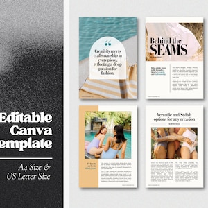 Pode incluir: Um modelo de layout de revista com quatro p&aacute;ginas. As p&aacute;ginas apresentam imagens de mulheres vestindo roupas de banho, uma cita&ccedil;&atilde;o sobre moda e texto sobre a revista. O texto nas p&aacute;ginas inclui as palavras "Behind the Seams" e "Versatile and Stylish options for any occasion".