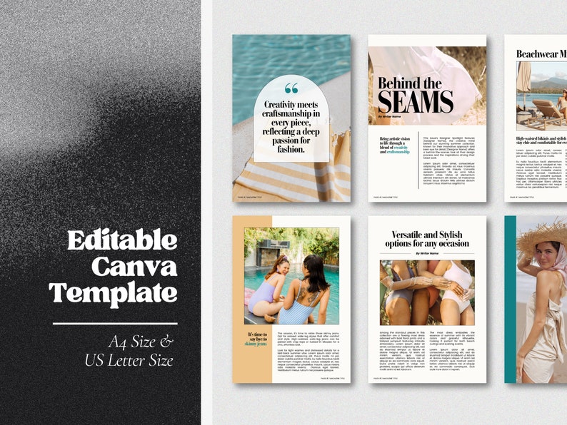 Pode incluir: Um modelo de layout de revista com quatro p&aacute;ginas. As p&aacute;ginas apresentam imagens de mulheres vestindo roupas de banho, uma cita&ccedil;&atilde;o sobre moda e texto sobre a revista. O texto nas p&aacute;ginas inclui as palavras "Behind the Seams" e "Versatile and Stylish options for any occasion".