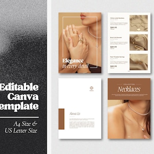 May include: A brochure for a jewelry company featuring a collection of necklaces. The brochure has a brown and white color scheme and features images of necklaces and earrings. The text on the brochure reads "Elegance in every detail" and "Collection Necklaces".