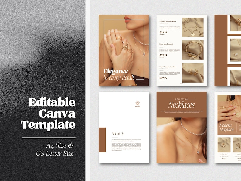 May include: A brochure for a jewelry company featuring a collection of necklaces. The brochure has a brown and white color scheme and features images of necklaces and earrings. The text on the brochure reads "Elegance in every detail" and "Collection Necklaces".