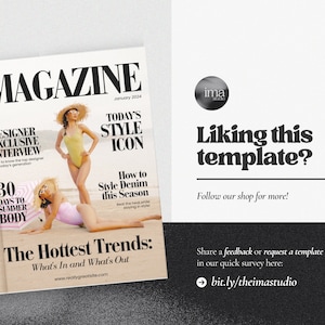 Pode incluir: Uma capa de revista com um design em preto e branco. A capa apresenta uma foto de duas mulheres de biqu&iacute;ni numa praia. O t&iacute;tulo da revista &eacute; "MAGAZINE" e o texto "TODAY'S STYLE ICON" aparece numa fonte grande. O texto "The Hottest Trends: What's In and What's Out" tamb&eacute;m aparece na capa.
