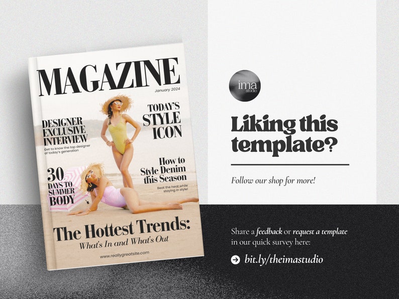 Pode incluir: Uma capa de revista com um design em preto e branco. A capa apresenta uma foto de duas mulheres de biqu&iacute;ni numa praia. O t&iacute;tulo da revista &eacute; "MAGAZINE" e o texto "TODAY'S STYLE ICON" aparece numa fonte grande. O texto "The Hottest Trends: What's In and What's Out" tamb&eacute;m aparece na capa.