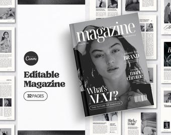 Magazine Ads Template Canva | Black and White Magazine Fashion Magazine Cover | Magazine Layout Canva Digital Magazine | Editable Magazine
