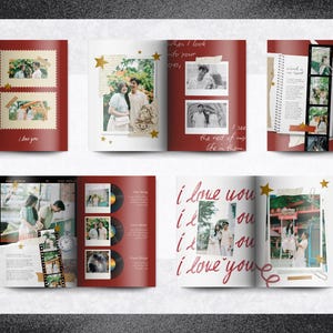 May include: A red photo album with multiple pages featuring photographs, handwritten text, and decorative elements. The album includes the phrase "I love you" and star-shaped embellishments. The photos appear to be of a couple.