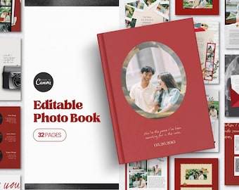 Plantilla de Canva para fotolibro de aniversario, plantillas de fotolibros personalizados, revista Canva, fotolibro personalizado, plantilla digital de Canva para parejas