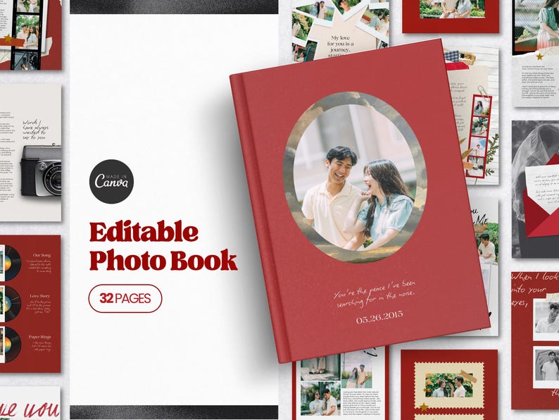 May include: A red photo album featuring a couple's photo in an oval frame. The cover reads "Editable Photo Book" and "32 PAGES". Additional images display photo layouts and design elements, suggesting a customizable product.
