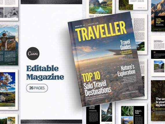 Travel Book Magazine Template Canva Editable Magazine Ebook Template Canva | Cover Magazine Brochure | Canva Template Digital Magazine Cover