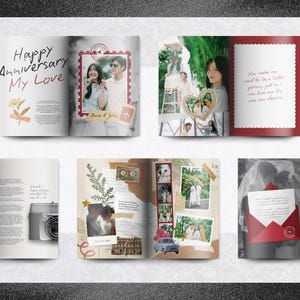May include: A photo album with a red cover and pages filled with photographs, text, and decorative elements. The album features the words "Happy Anniversary My Love" and includes images of couples, flowers, and handwritten notes. The overall theme is romance and celebration.