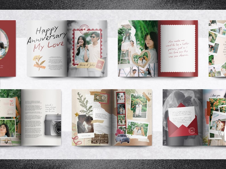 May include: A photo album with a red cover and pages filled with photographs, text, and decorative elements. The album features the words "Happy Anniversary My Love" and includes images of couples, flowers, and handwritten notes. The overall theme is romance and celebration.