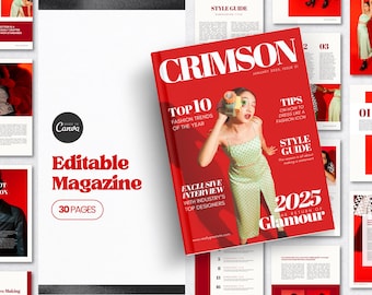 Red Magazine Editorial Layout Design | Fashion Cover Magazine Canva | Custom Ebook Template