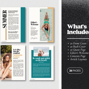 Pode incluir: Uma maquete de capa de revista com um esquema de cores turquesa e branco. A capa apresenta uma mulher de biqu&iacute;ni numa praia. O texto na capa diz "Summer" e "Let's Dive into the world of Sustainable Fashion". A revista inclui 26 p&aacute;ginas e apresenta uma capa, contracapa, p&aacute;gina de cita&ccedil;&atilde;o, boas-vindas do editor, p&aacute;gina de conte&uacute;do e layouts de artigos.