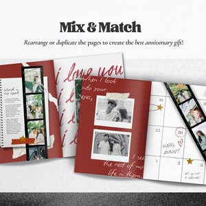 May include: A selection of personalised anniversary gifts with a mix-and-match theme. The image shows open pages with photos, handwritten text, and a calendar. The text includes "Mix & Match" and "I love you."