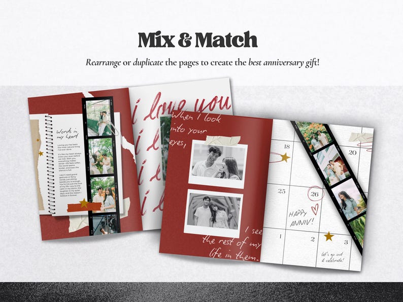 May include: A selection of personalised anniversary gifts with a mix-and-match theme. The image shows open pages with photos, handwritten text, and a calendar. The text includes "Mix & Match" and "I love you."