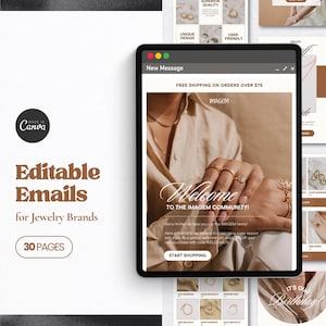 May include: A mockup of an email template for jewelry brands. The email features a welcome message with the text "Welcome to the IMAGEM Community!" and a photo of a hand wearing several gold rings. The email also includes a call to action button that says "Start Shopping".
